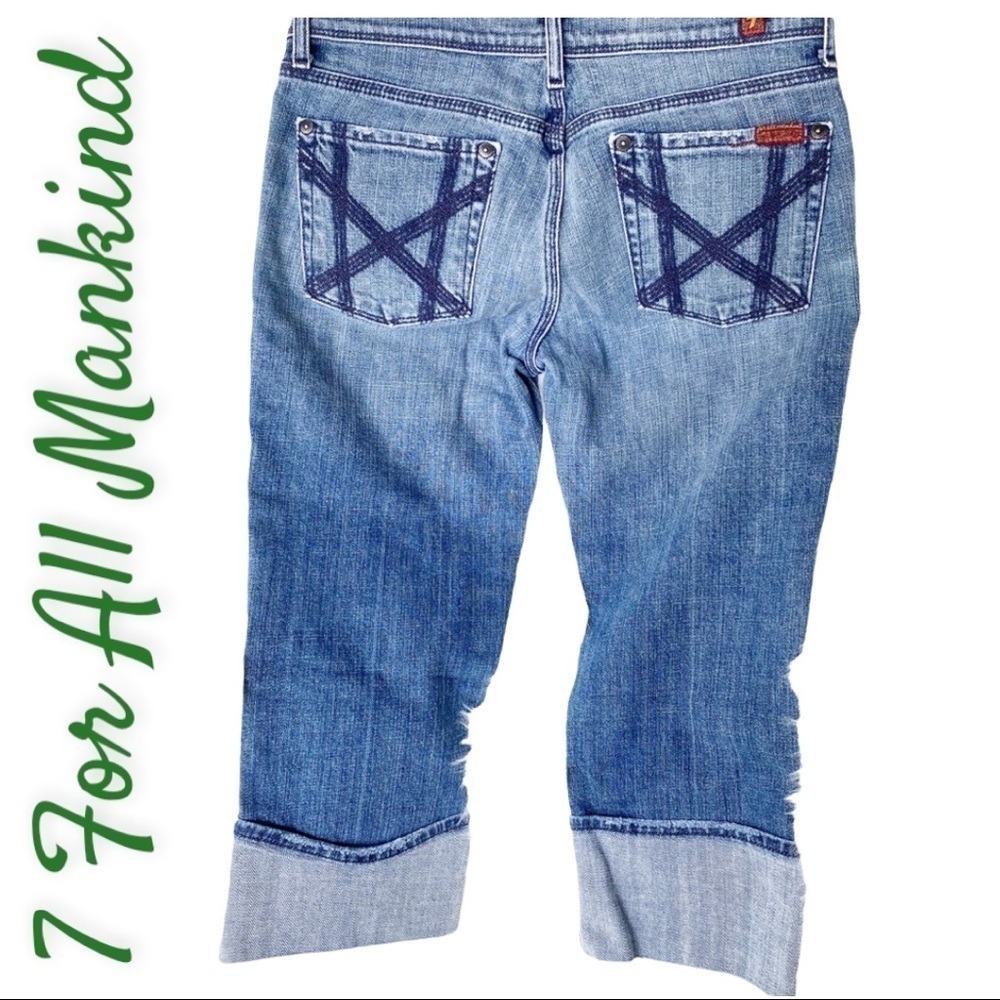 7 For All Mankind Mia Cropped Straight Leg‎ Jeans Blue Cuffed Ribbon Size 28